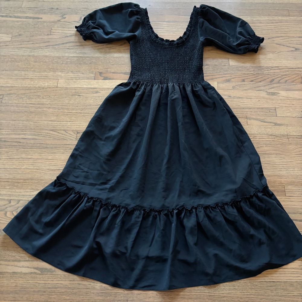 Hill House Home The Nap Dress Black XS Smocked Puff Sleeve Midi - Picture 1 of 8